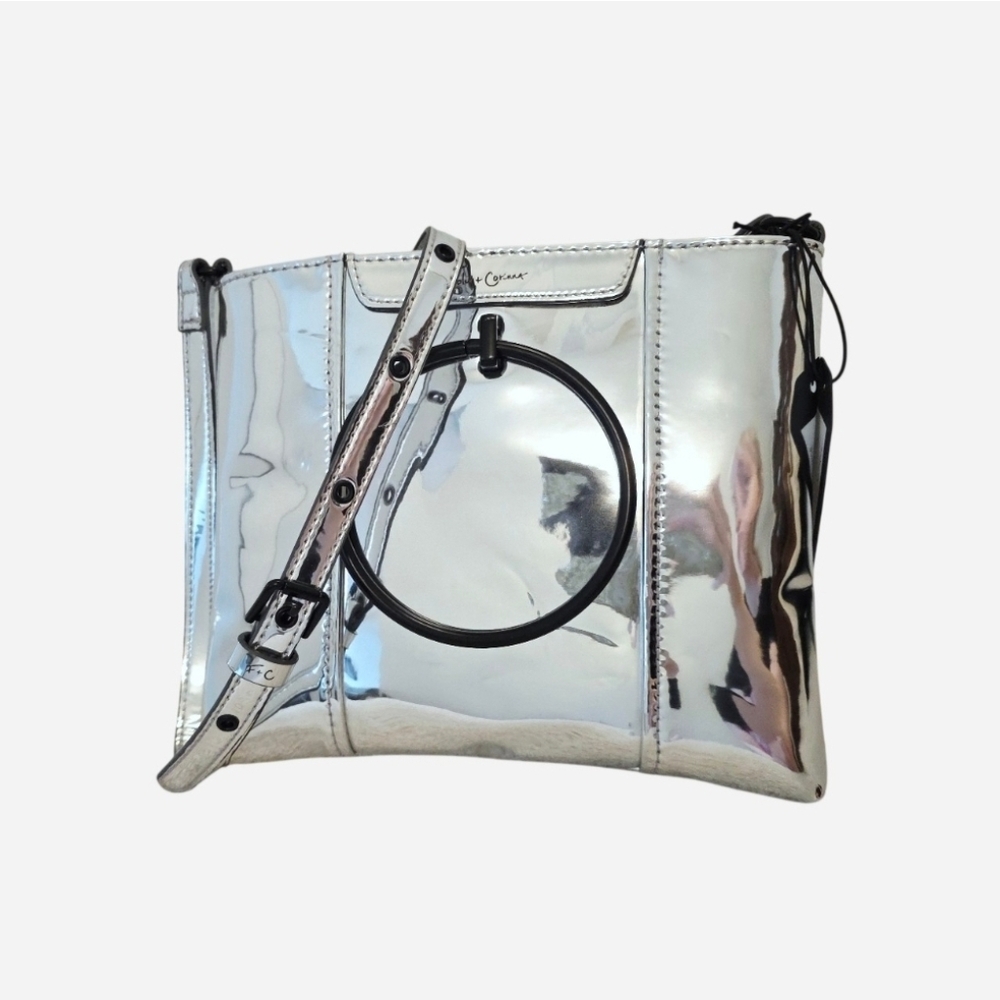 Foley & Corinna Metallic Mirror Finish Silver Vegan Leather Crossbody Bag NWT
